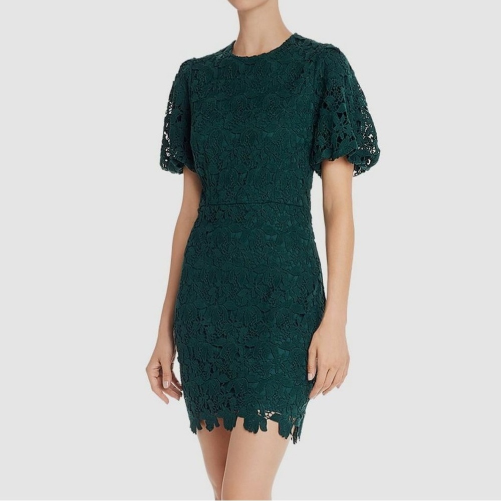 AQUA Green Floral Lace Puff-Sleeve Mini Dress S | NWT $245 - Picture 1 of 11